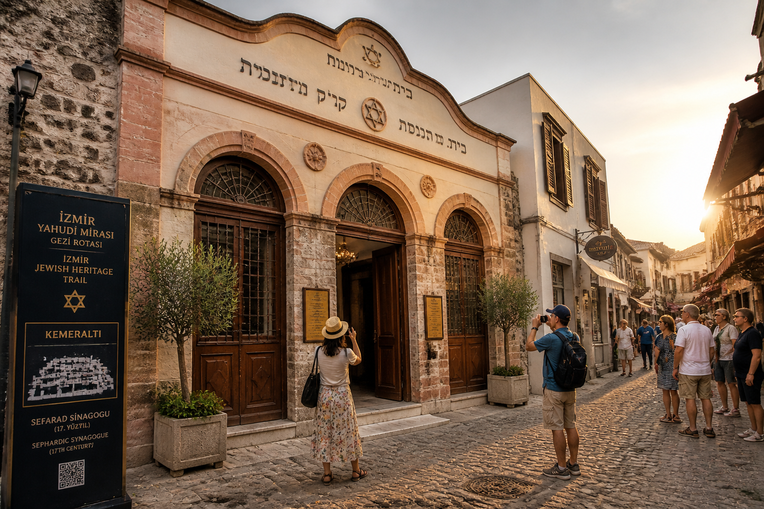 Wide-angle editorial photograph of the historic Kemeralti district in Izmir, Turkey, showing a restored Sephardic synagogue
