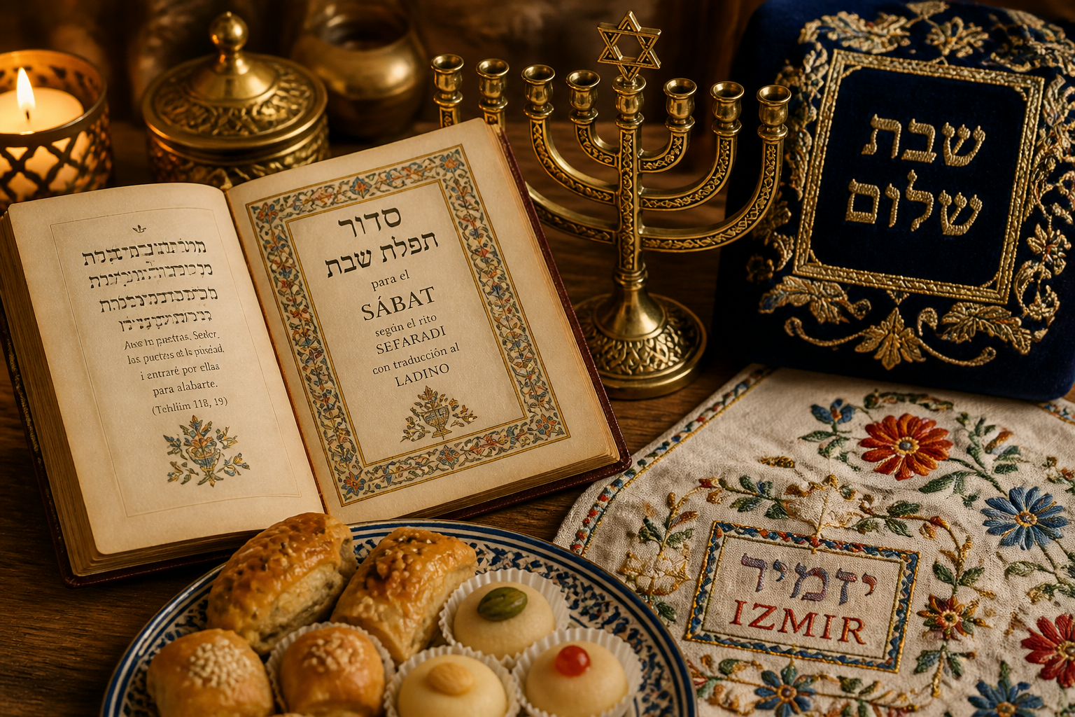 Close-up editorial still life of traditional Sephardic Jewish cultural objects arranged on an aged wooden table: a Ladino