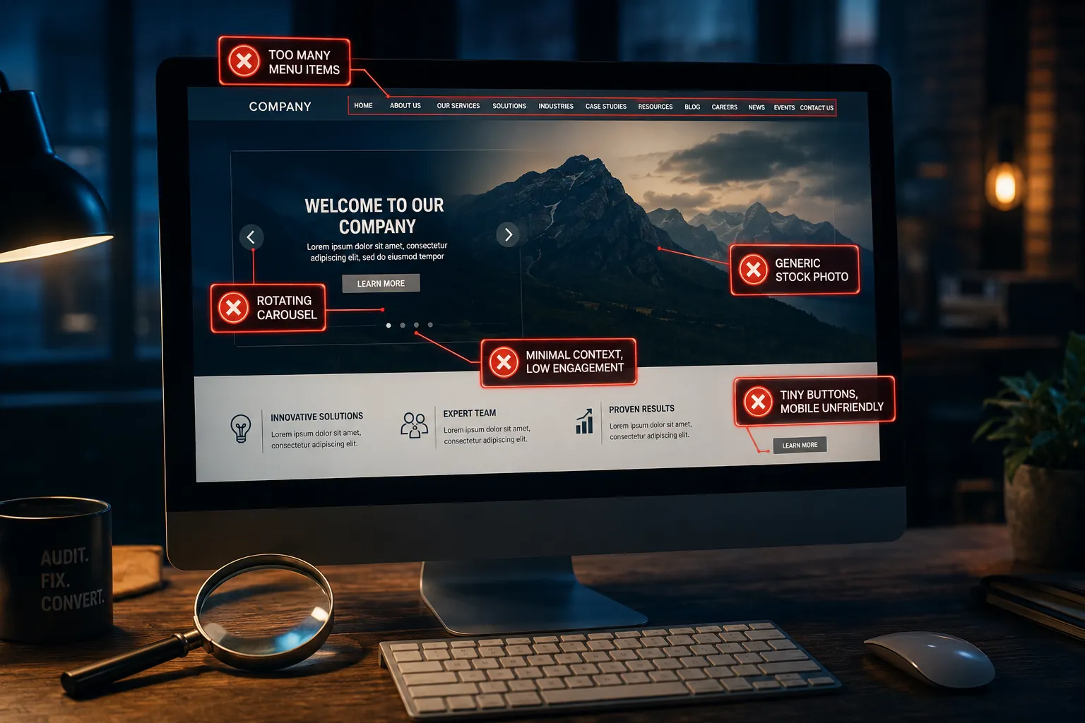 common homepage conversion mistakes shown on screen