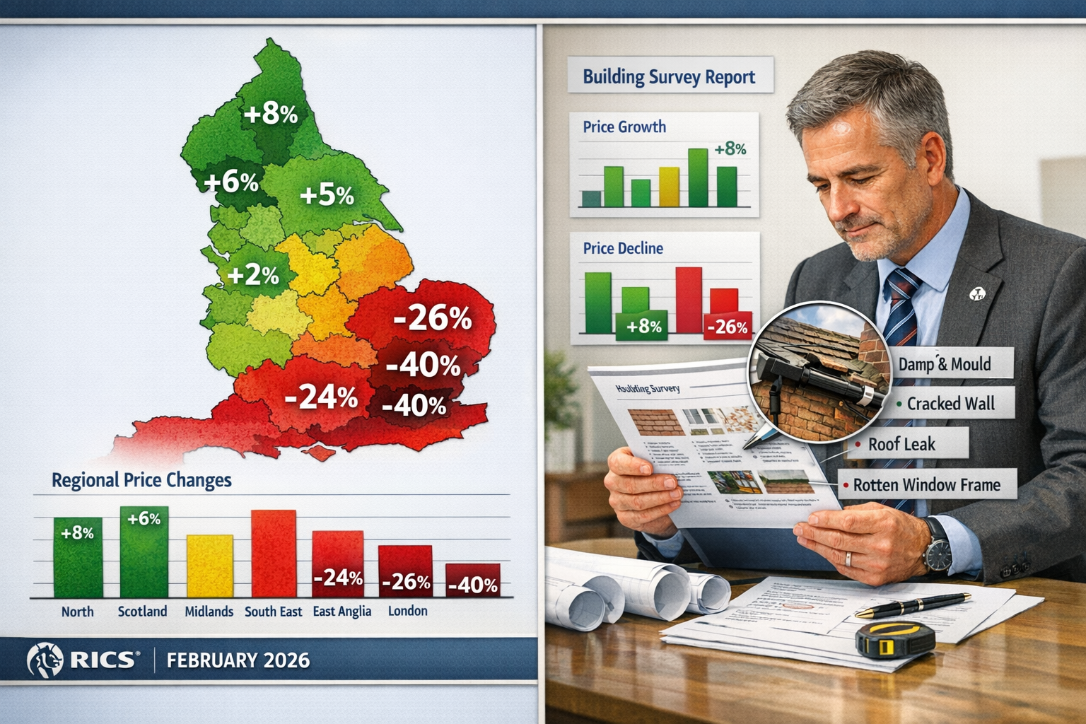 Detailed () image showing split-screen comparison of UK regional housing market performance. Left side displays color-coded