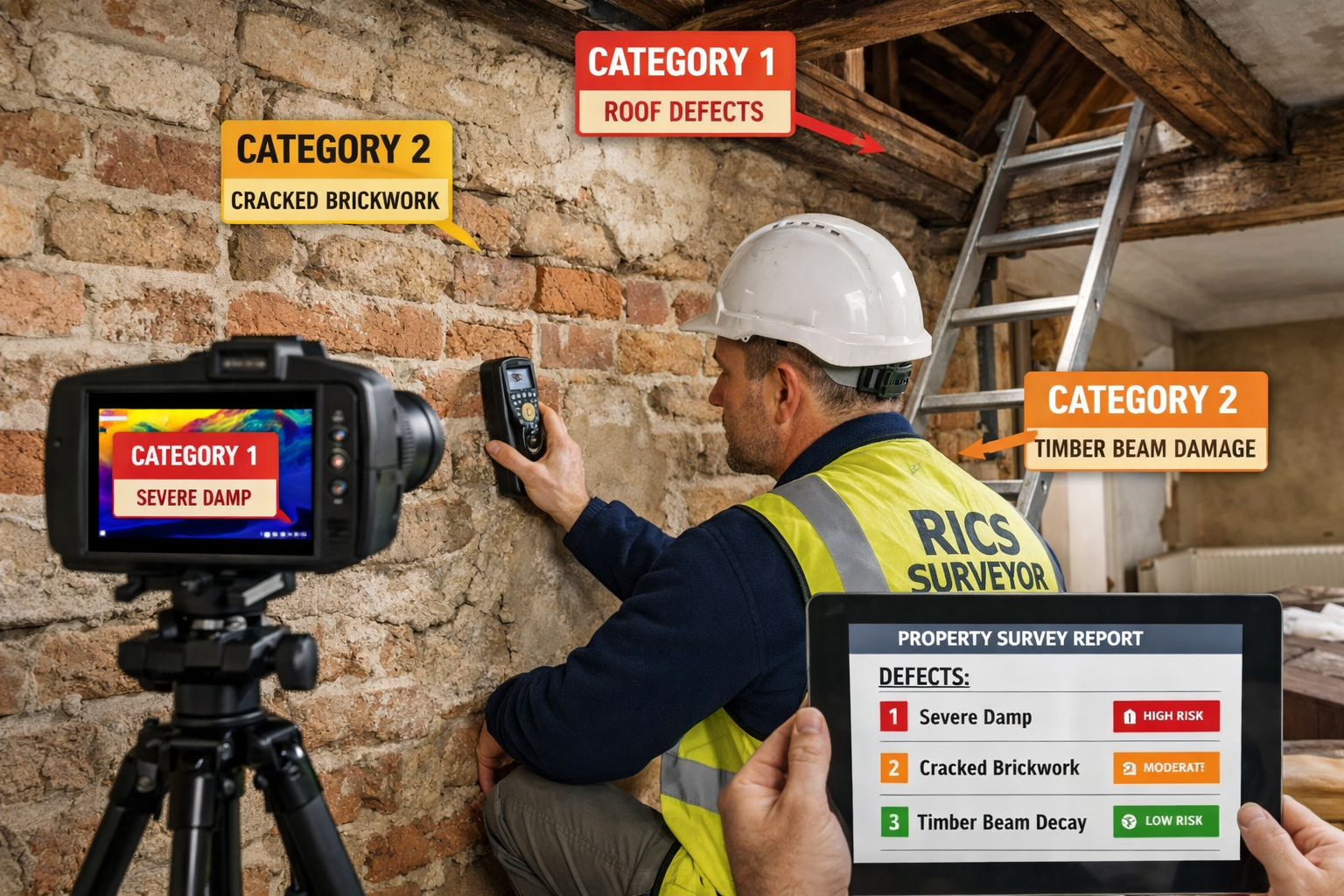 Detailed () image depicting RICS building surveyor conducting detailed property inspection in East Anglia period home. Scene