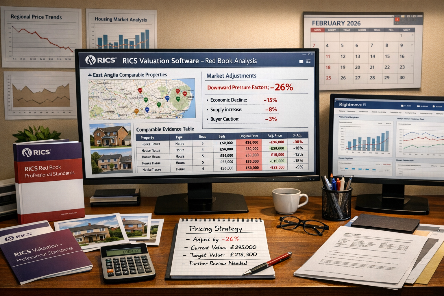 Detailed () image showing modern surveyor's office workspace focused on valuation strategy development. Central focus on
