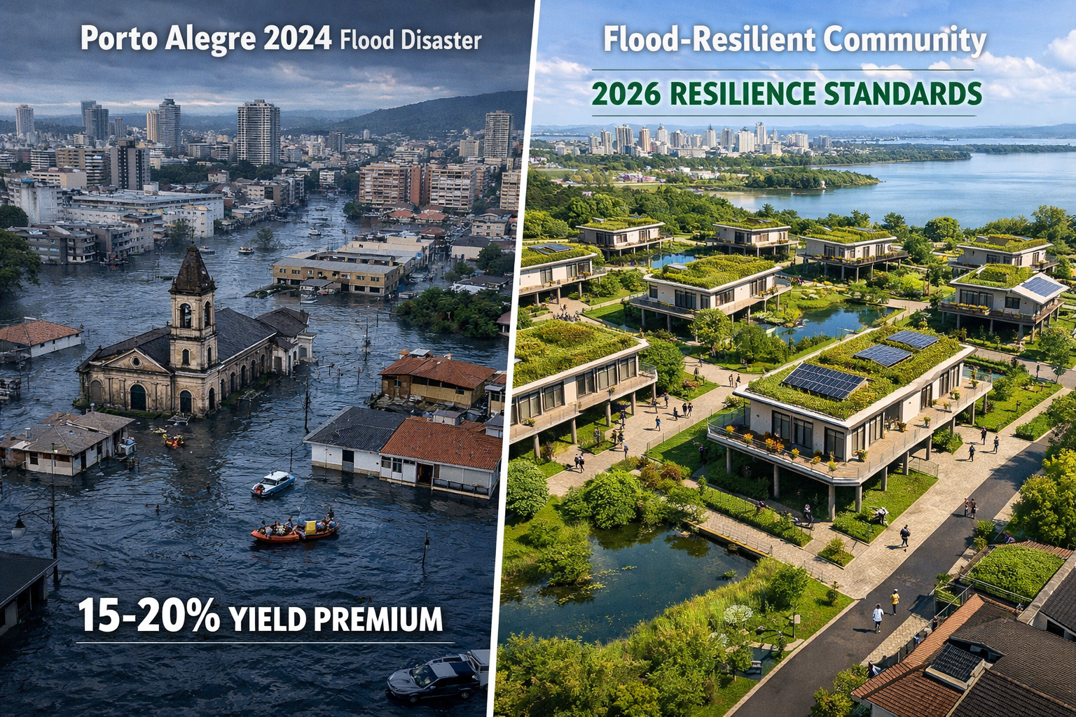 Detailed () infographic-style illustration showing split-scene comparison: left side depicts flooded Porto Alegre streets