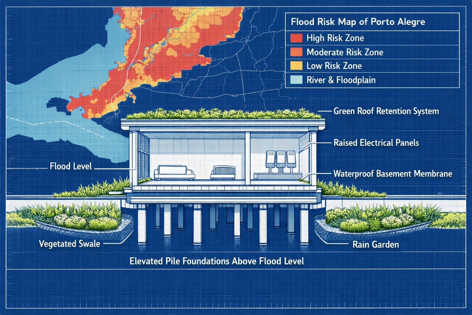 Detailed () technical engineering visualization showing Porto Alegre flood-resilient building cross-section diagram: