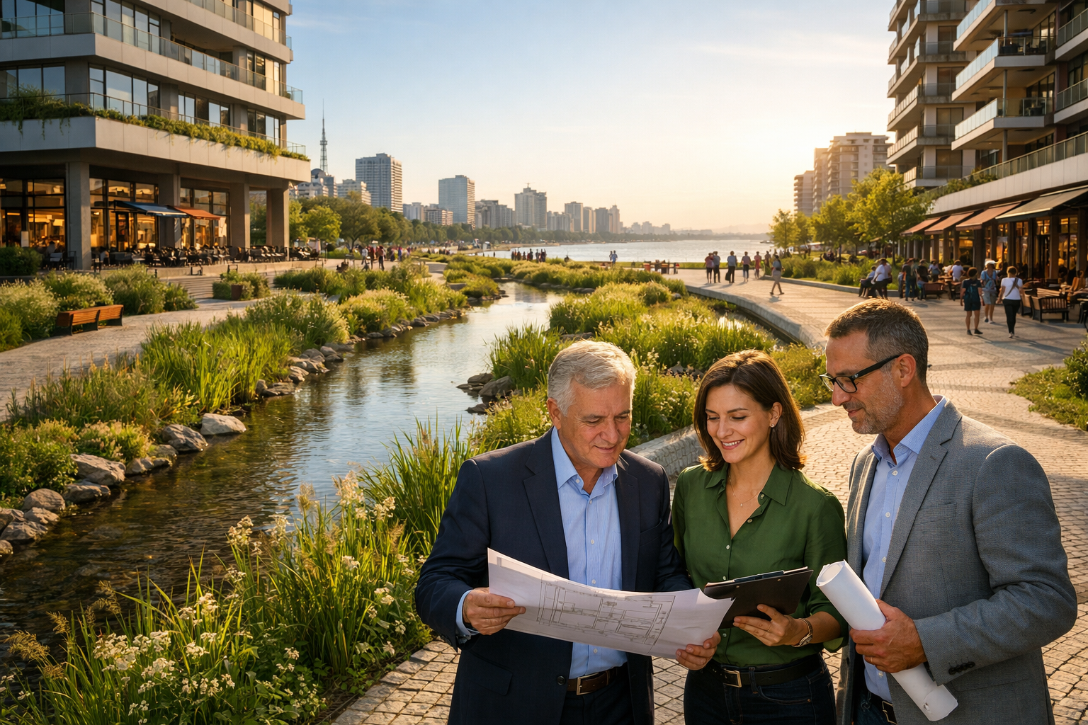 Detailed () wide-angle street-level photograph of Porto Alegre's revitalized urban district showing river renaturalization
