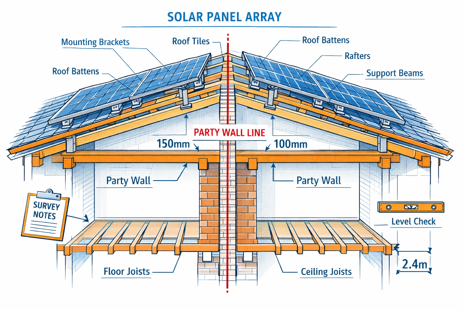 () detailed illustration showing cross-section technical diagram of shared party wall between two semi-detached properties