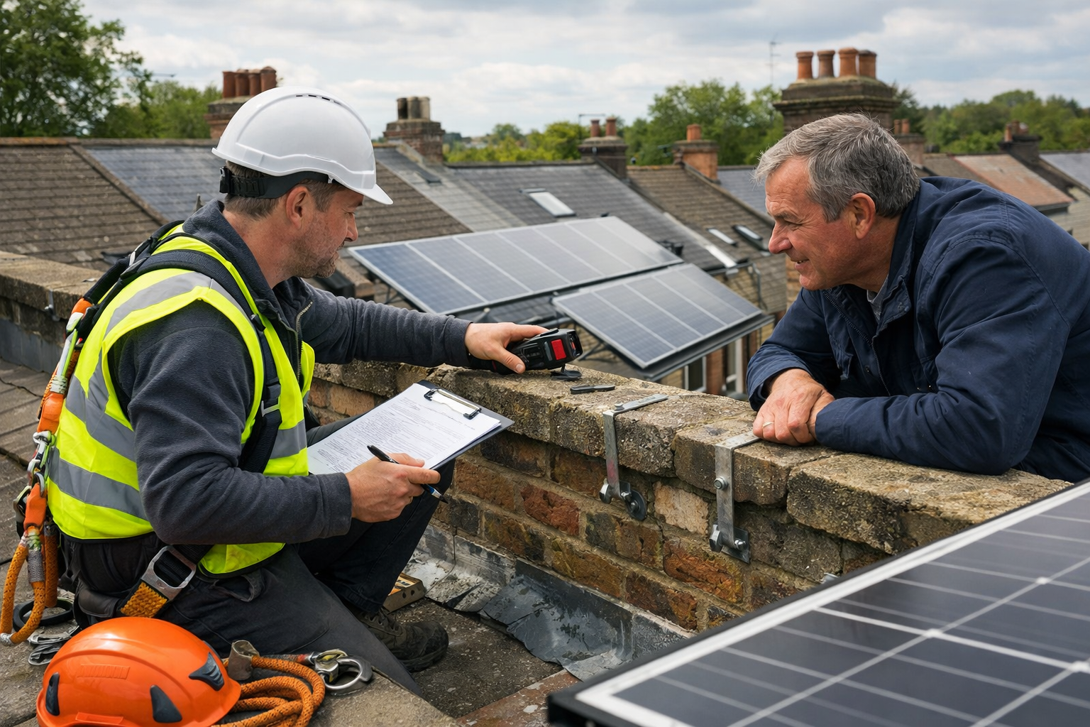 () scene showing professional surveyor in high-visibility vest conducting roof inspection on terraced housing with solar