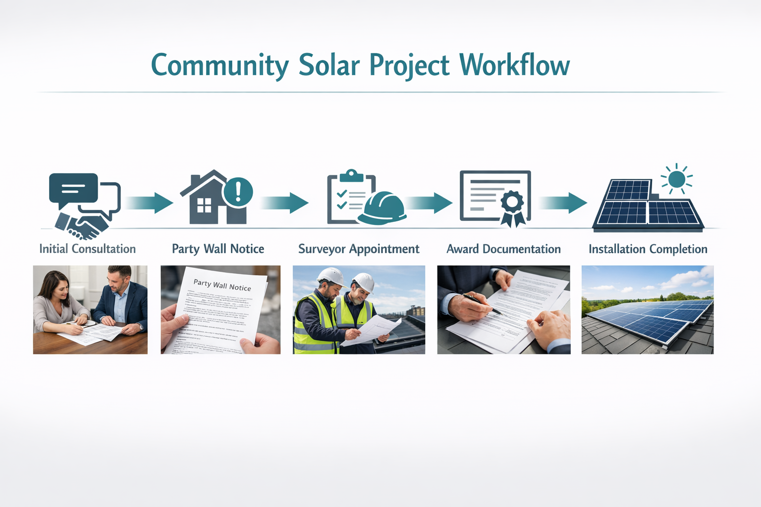 () infographic-style image displaying community solar project workflow chart with five connected stages: initial