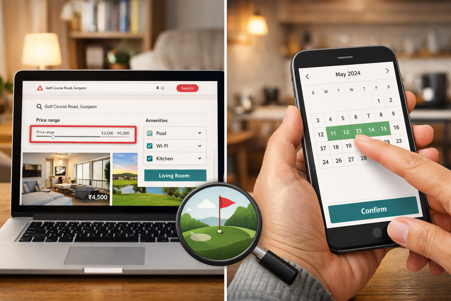 () editorial image illustrating smart booking strategies. A split-screen composition: one side shows a laptop screen