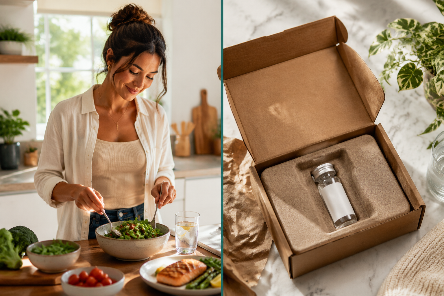 Detailed () split-composition image: left half shows a confident adult in casual clothing standing in a bright, airy kitchen