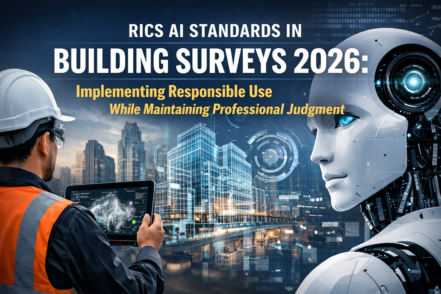 Professional landscape hero image () with : "RICS AI Standards in Building Surveys 2026: Implementing Responsible Use While