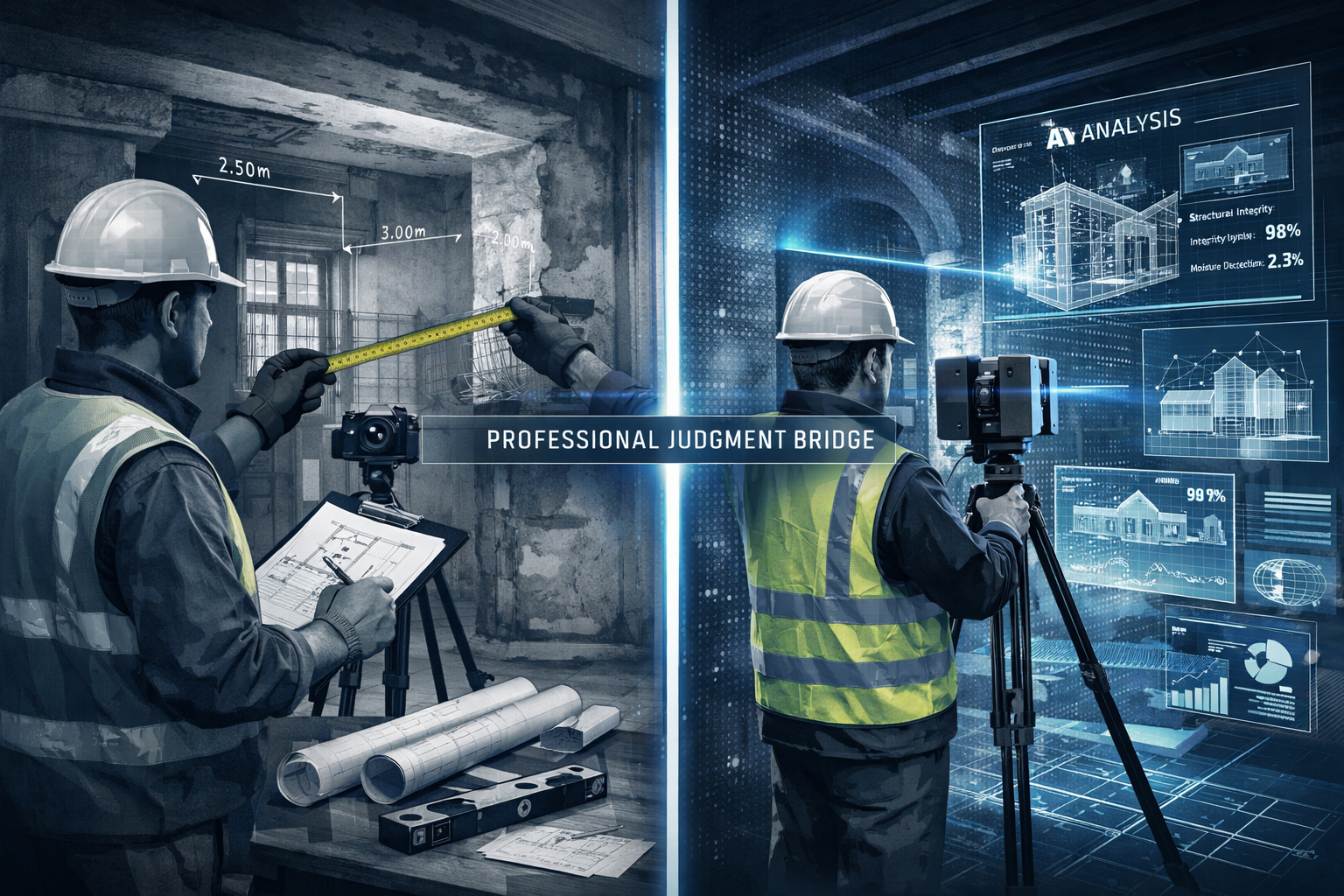 Conceptual architectural rendering depicting a split-screen visualization of traditional building survey methods versus