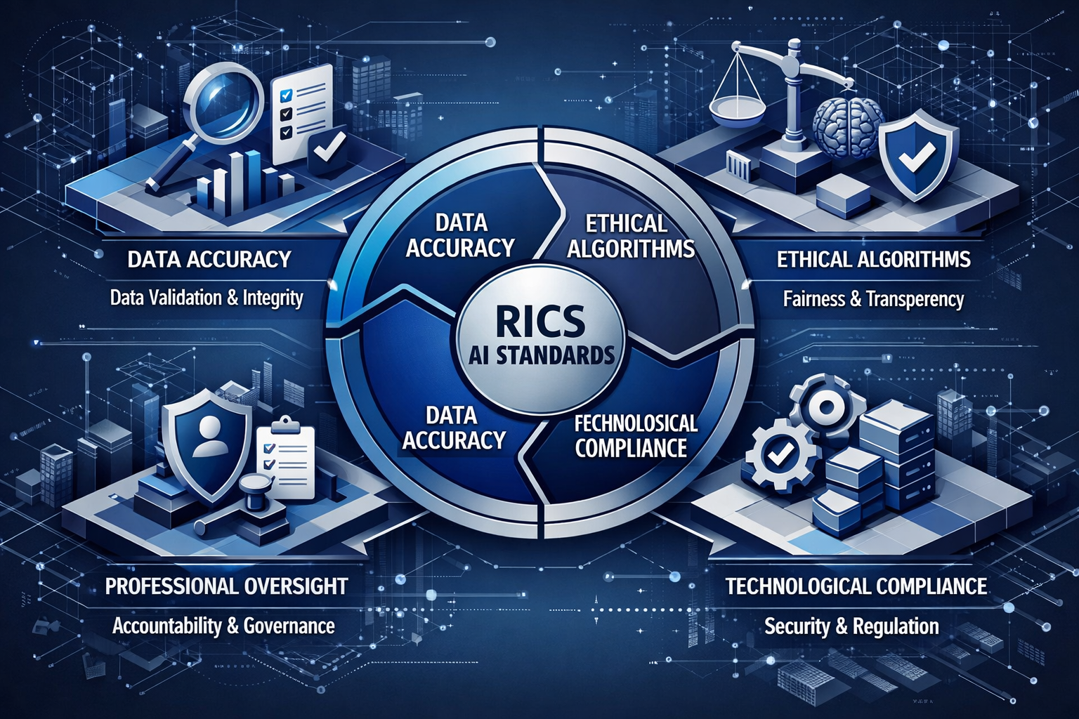 The four core requirements of RICS AI Standards, using an isometric design with interconnected geometric shapes representing