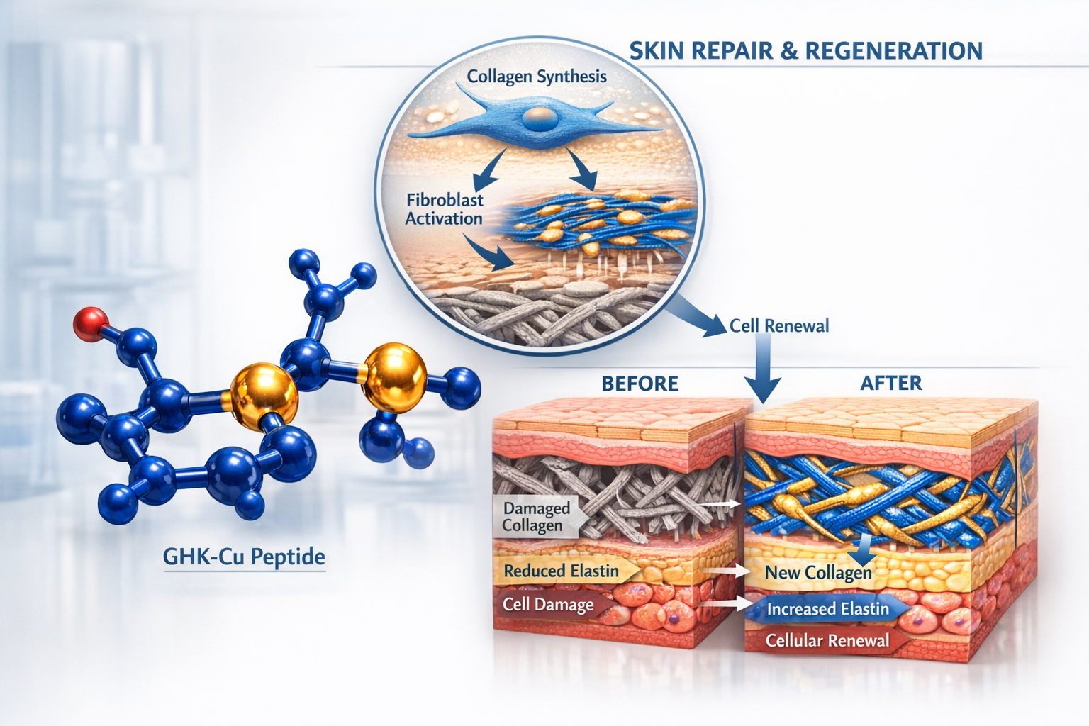 Detailed scientific illustration showing GHK-Cu peptide molecular structure in 3D rendering with copper atoms highlighted in metallic gold, 