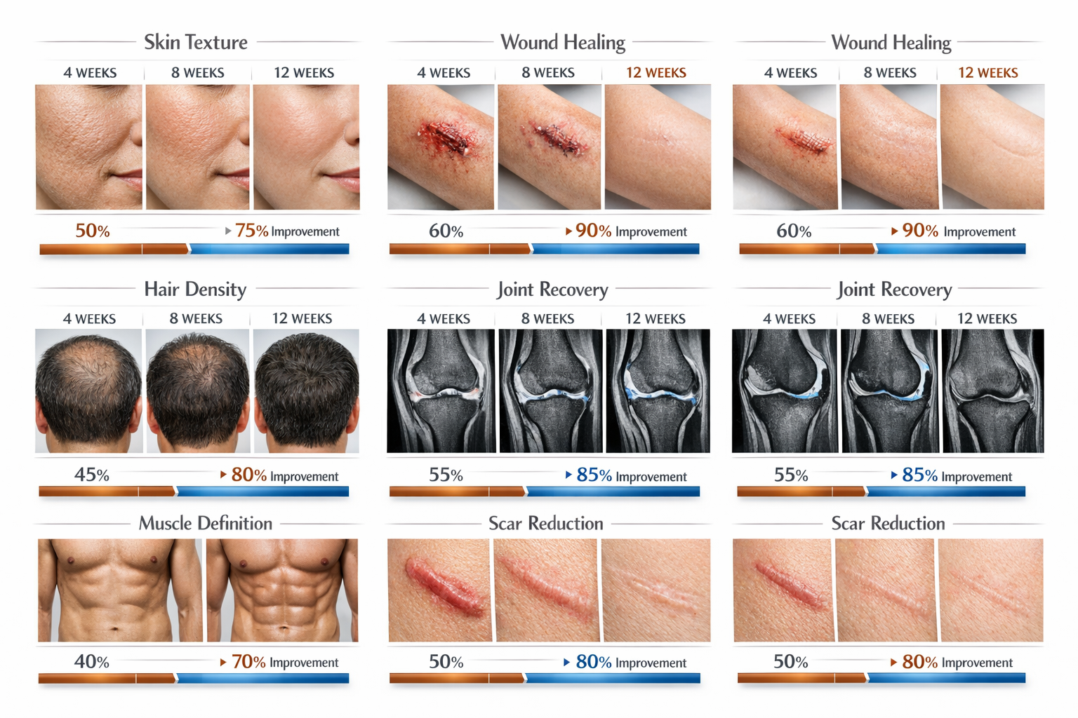 Comprehensive before-and-after comparison grid showing six different transformation scenarios: facial skin texture improvement, wound healin