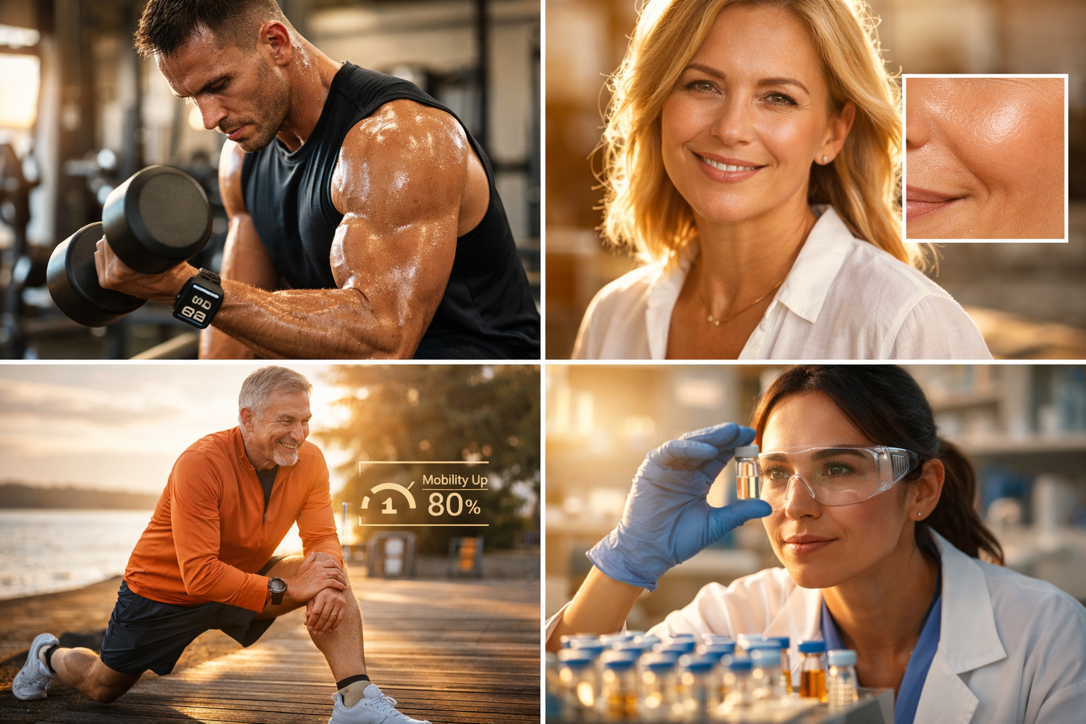Professional lifestyle montage showing diverse individuals in various settings: athletic person in gym with visible muscle definition, profe
