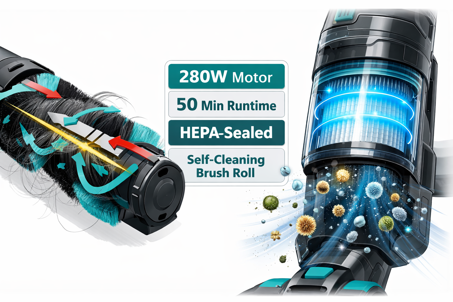 Detailed landscape format (1536x1024) editorial infographic-style image showing the Bissell PowerClean FurGuard 280W cordless vacuum in a split-scene composition: left side displays a close-up of the self-cleaning FurGuard brush roll with hair wrap prevention mechanism illustrated with cutaway diagram arrows, right side shows the vacuum's HEPA sealed allergen system filter glowing blue with microscopic allergen particles being captured. Center overlay shows key specs: '280W Motor', '50 Min Runtime', 'HEPA Sealed', 'Self-Cleaning Brush Roll' in bold teal sans-serif labels. Clean white background with teal and charcoal color scheme, technical product illustration style, editorial quality. 
