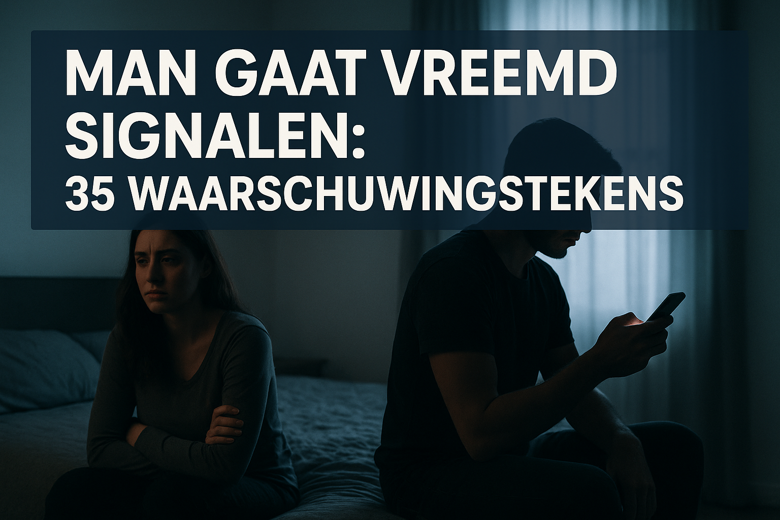 Professional landscape hero image (1536x1024) featuring bold text overlay 'Man Gaat Vreemd Signalen: 35 Waarschuwingstekens' in extra large