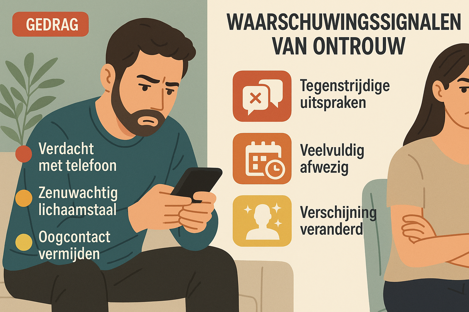 Detailed infographic-style landscape image (1536x1024) showing behavioral warning signs of infidelity. Split composition featuring left side