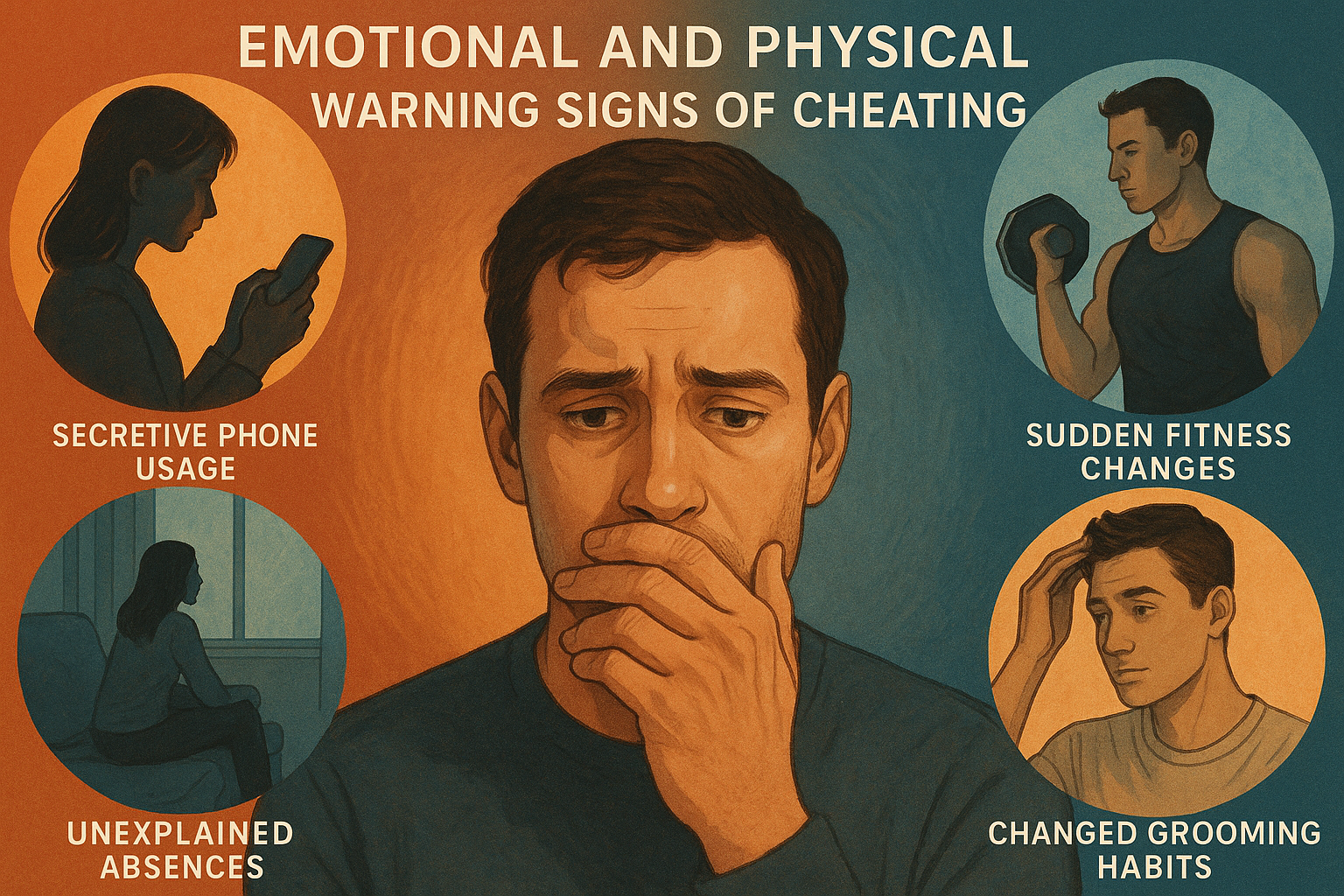 Landscape editorial image (1536x1024) depicting emotional and physical warning signs of cheating. Center shows close-up of man's face displa