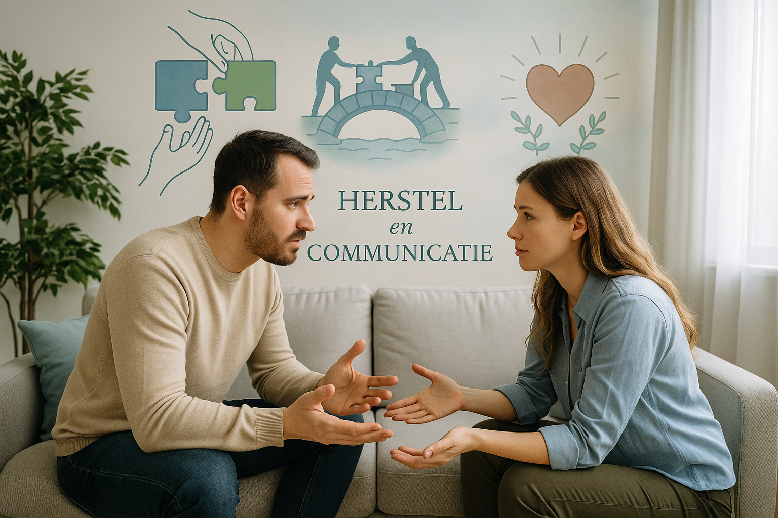 Professional landscape image (1536x1024) illustrating relationship communication and trust rebuilding concepts. Foreground shows couple in h