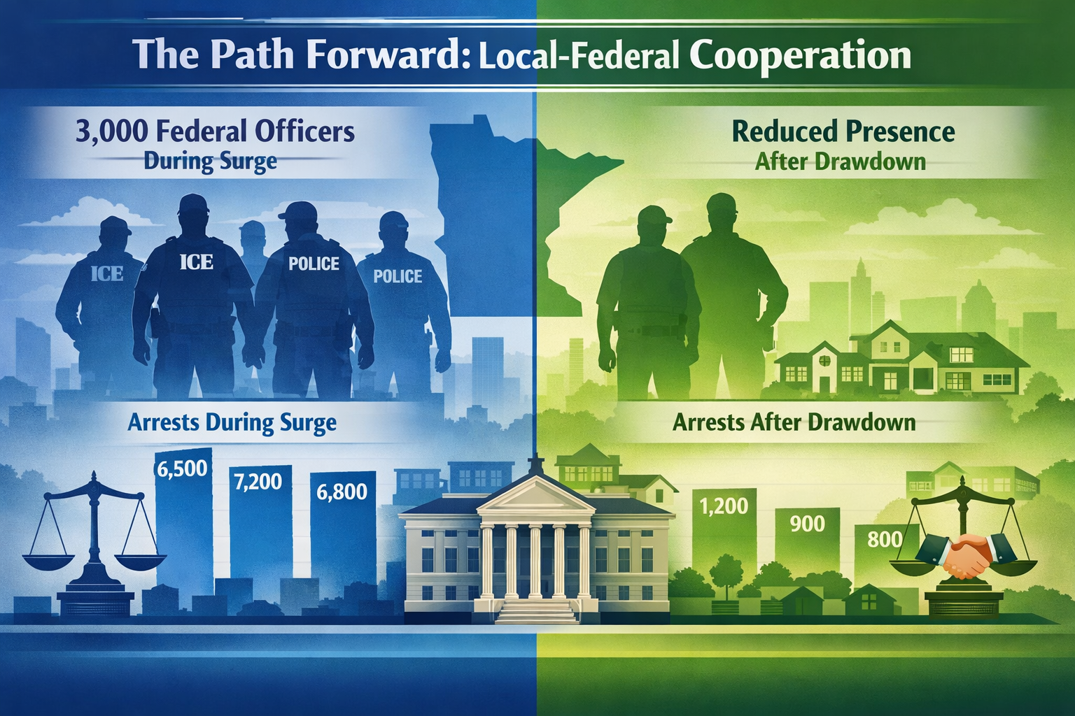 Landscape format (1536x1024) infographic-style image comparing immigration enforcement presence before and after drawdown, split-screen comp