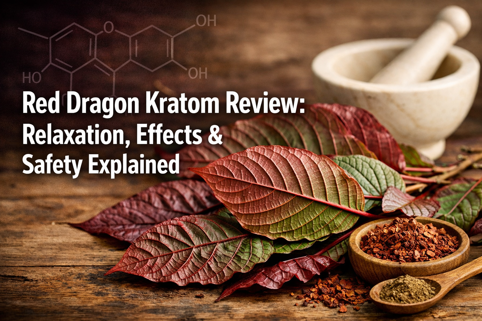Professional landscape format (1536x1024) hero image featuring bold text overlay 'Red Dragon Kratom Review: Relaxation, Effects & Safety Exp