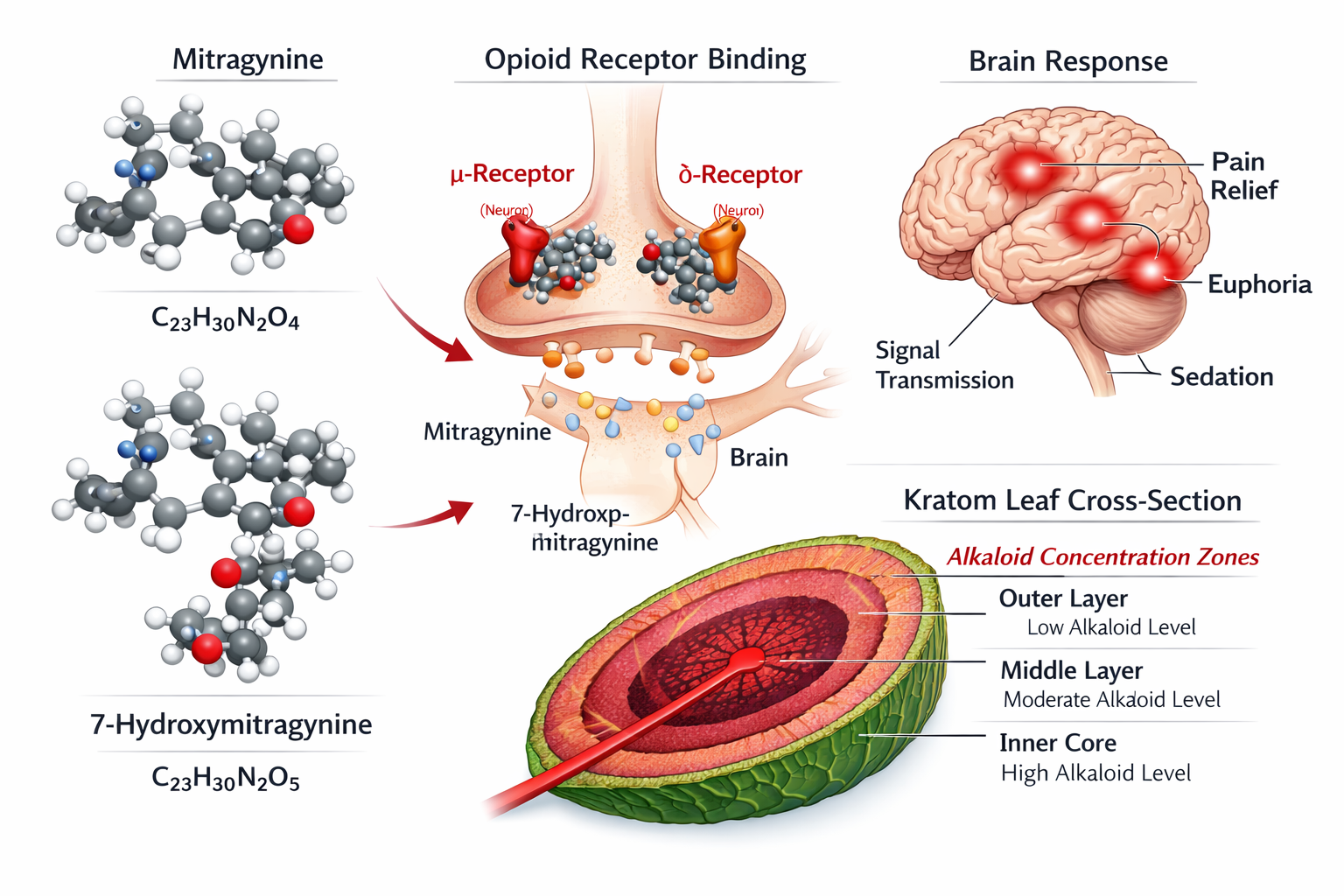 Landscape format (1536x1024) detailed scientific illustration showing mitragynine and 7-hydroxymitragynine molecular structures as 3D models