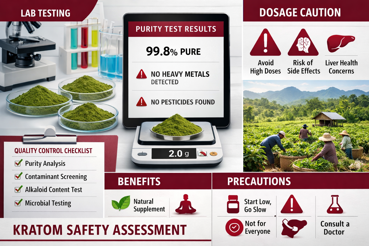 Landscape format (1536x1024) safety assessment visual showing laboratory testing equipment with kratom powder samples in petri dishes, quali