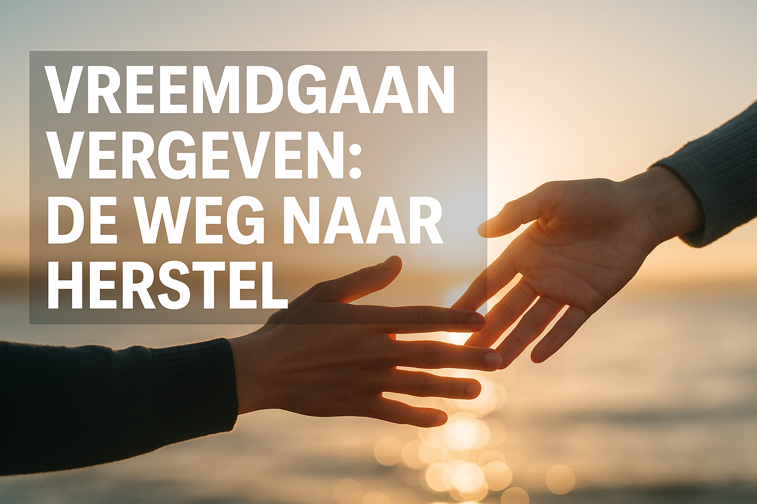 Professional landscape hero image (1536x1024) featuring bold text overlay 'Vreemdgaan Vergeven: De Weg naar Herstel' in extra large 72pt whi