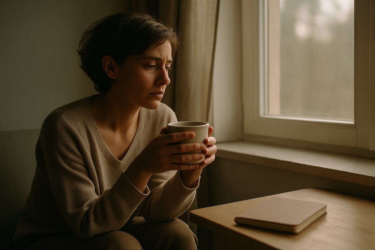 Landscape editorial image (1536x1024) showing a contemplative person sitting by a window with natural light streaming in, holding a cup of t
