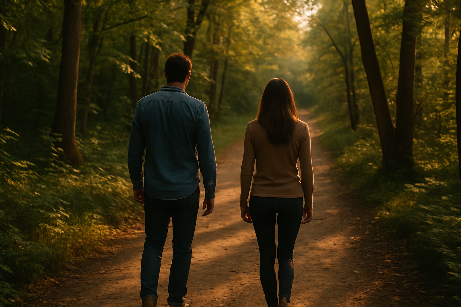 Landscape symbolic image (1536x1024) showing a couple walking together on a forest path with dappled sunlight filtering through trees, movin
