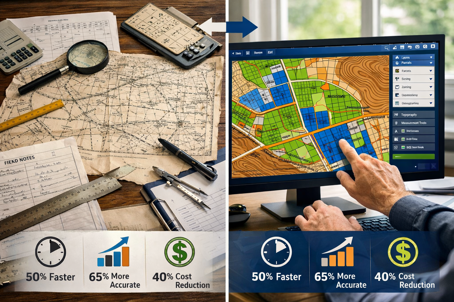 Detailed landscape format (1536x1024) image showing split-screen comparison of traditional paper survey maps versus modern GIS digital inter