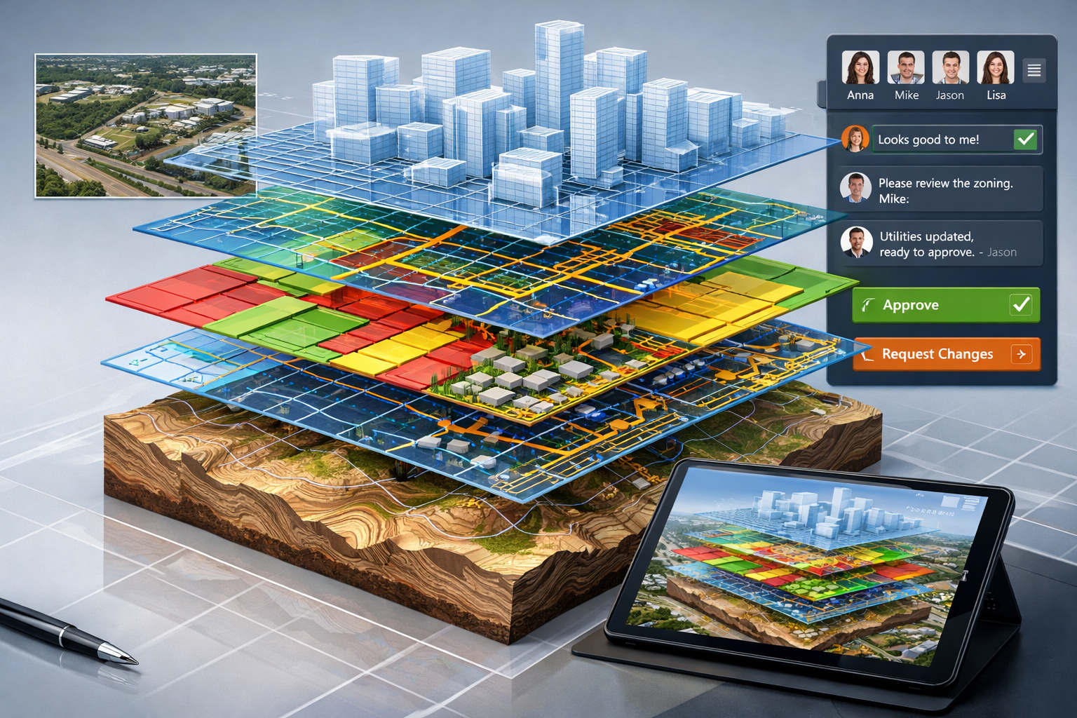 Detailed landscape format (1536x1024) visualization showing 3D GIS model of urban development project with multiple transparent data layers