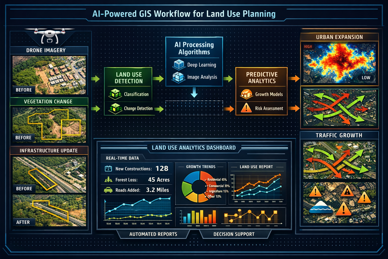 Detailed landscape format (1536x1024) infographic-style image demonstrating AI-powered GIS workflow for land use planning. Central flowchart