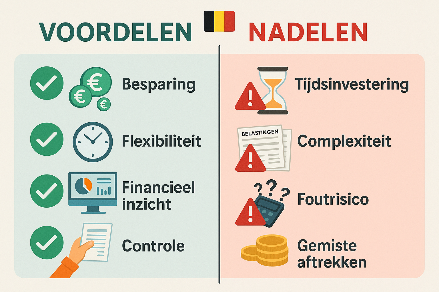 Detailed landscape infographic (1536x1024) showing split comparison chart of voordelen versus nadelen of doing your own bookkeeping in Belgi