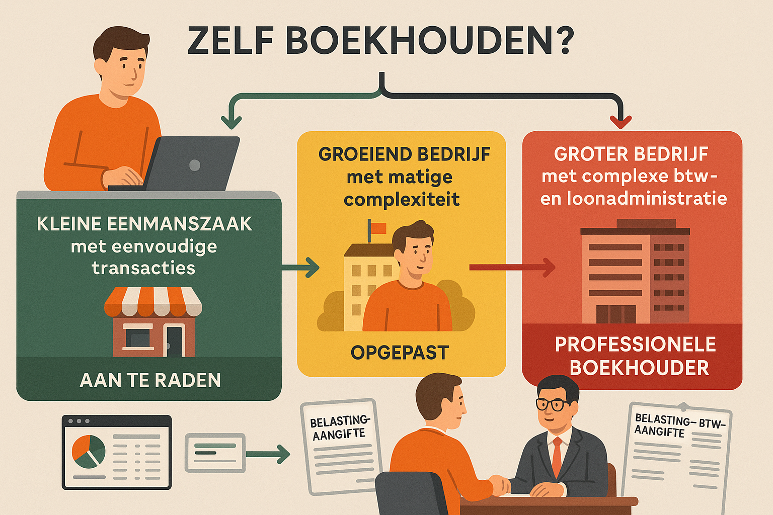 Detailed landscape illustration (1536x1024) depicting decision-making flowchart for Belgian entrepreneurs considering self-bookkeeping versu