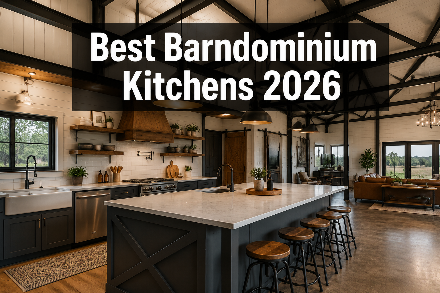 Professional () hero image with : 'Best Barndominium Kitchens 2026' in extra large white with dark semi-transparent box,