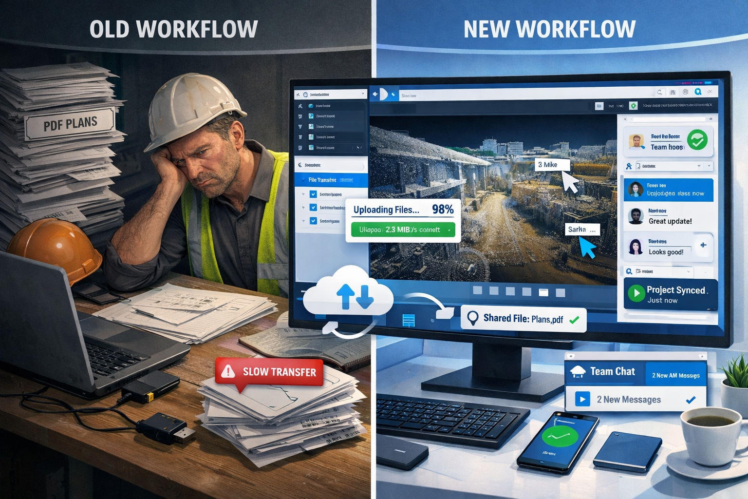 Detailed landscape format (1536x1024) image showing side-by-side comparison of old versus new surveying workflows: left side depicts clutter