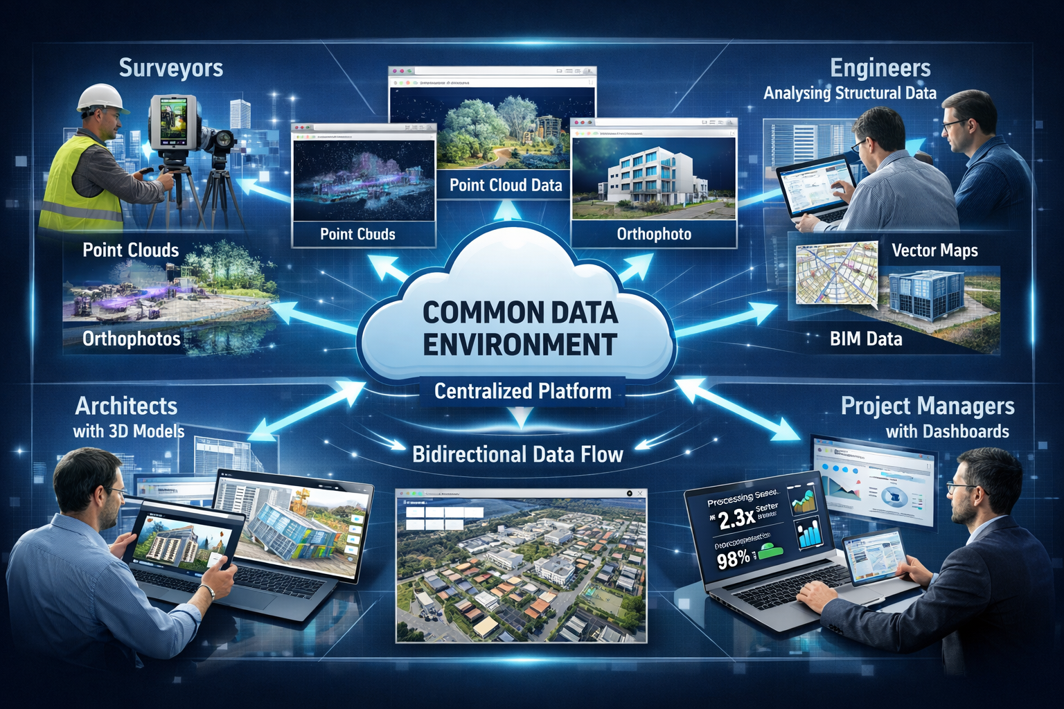 Detailed landscape format (1536x1024) infographic-style image illustrating Common Data Environment architecture for surveying projects: cent