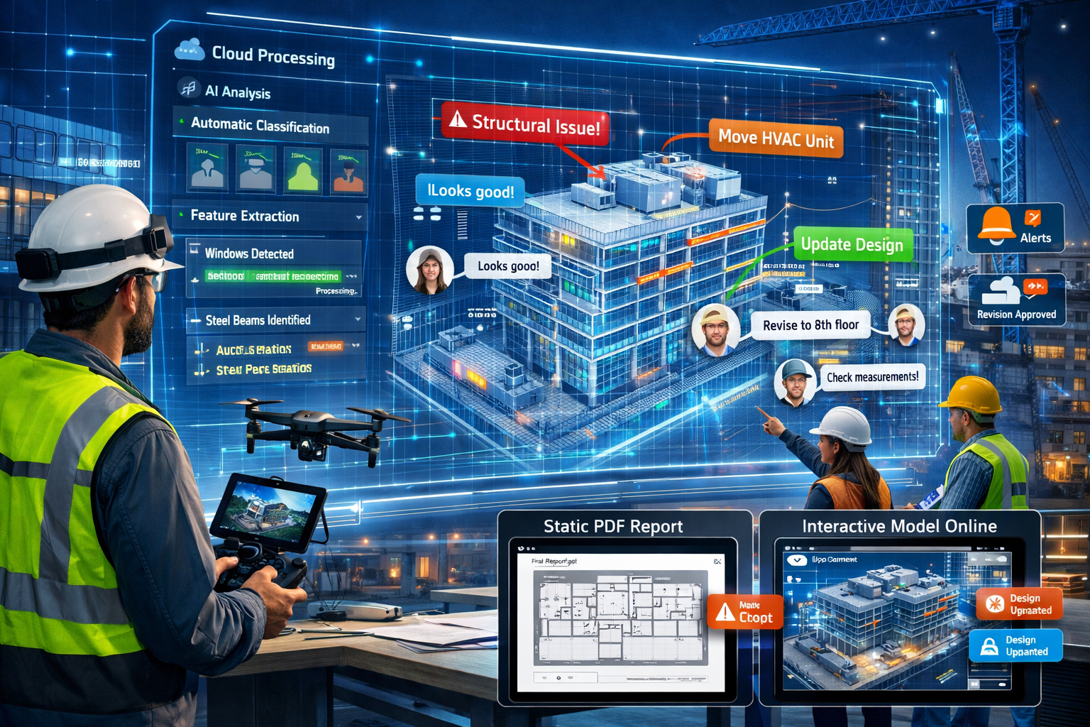 Detailed landscape format (1536x1024) image showcasing future of surveying collaboration in 2026: modern construction site with surveyor usi