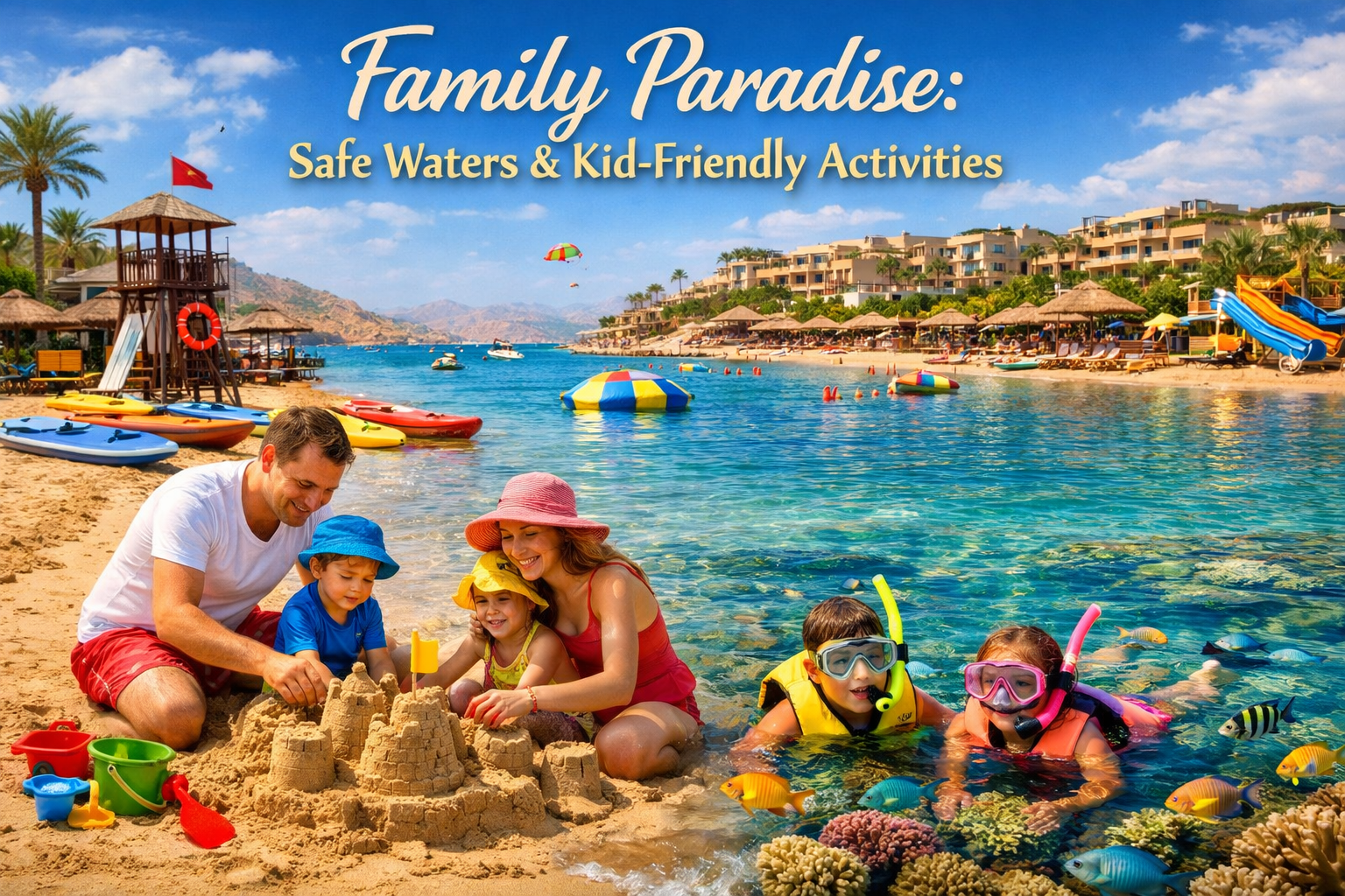 Detailed landscape image (1536x1024) showing Sharm El Sheikh's family-friendly beach scene with parents and children building sandcastles, s