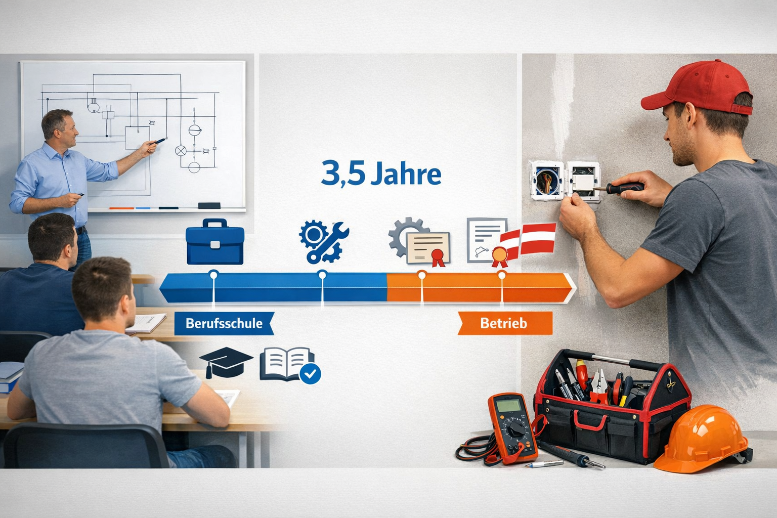 write no text on the images. Detailed landscape format (1536x1024) image showing structured comparison infographic of Austrian electrical ap
