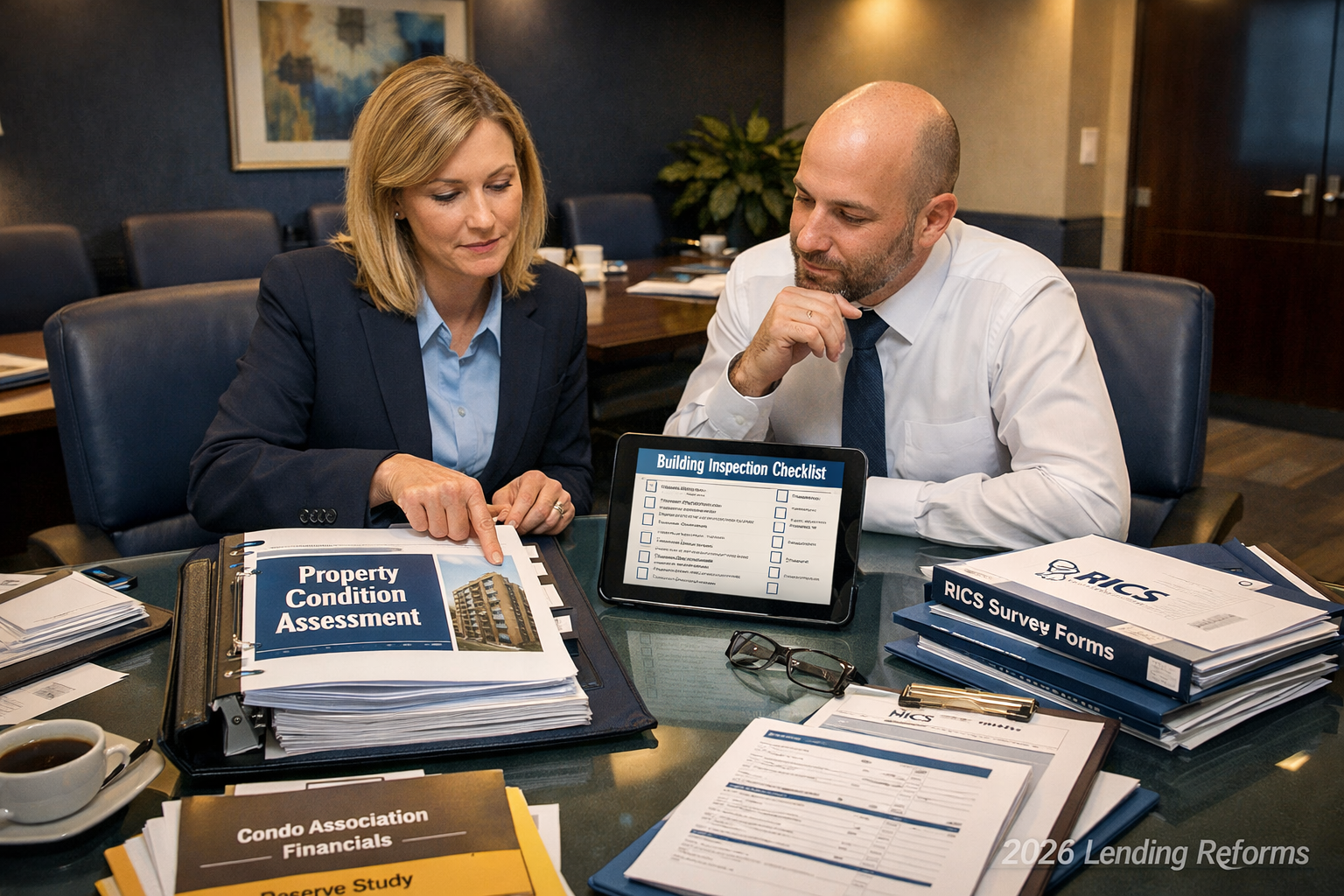 Wide-angle editorial photograph of a formal lending meeting room where two mortgage underwriters review a thick Property