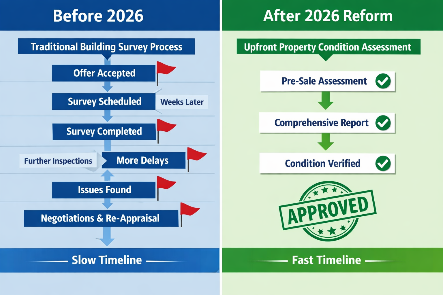 Split-panel infographic illustration landscape showing left side: traditional reactive building survey workflow with long