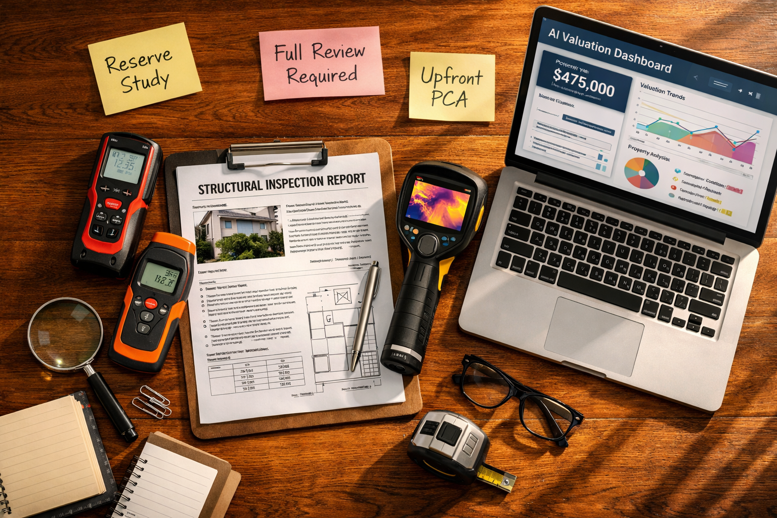 Overhead bird's-eye view of a chartered surveyor's desk with spread-out building survey tools: laser measure, damp meter,