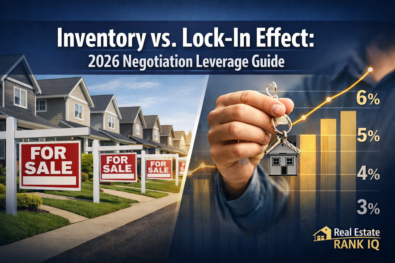 Professional landscape format (1536x1024) hero image featuring bold text overlay 'Inventory vs. Lock-In Effect: 2026 Negotiation Leverage Gu