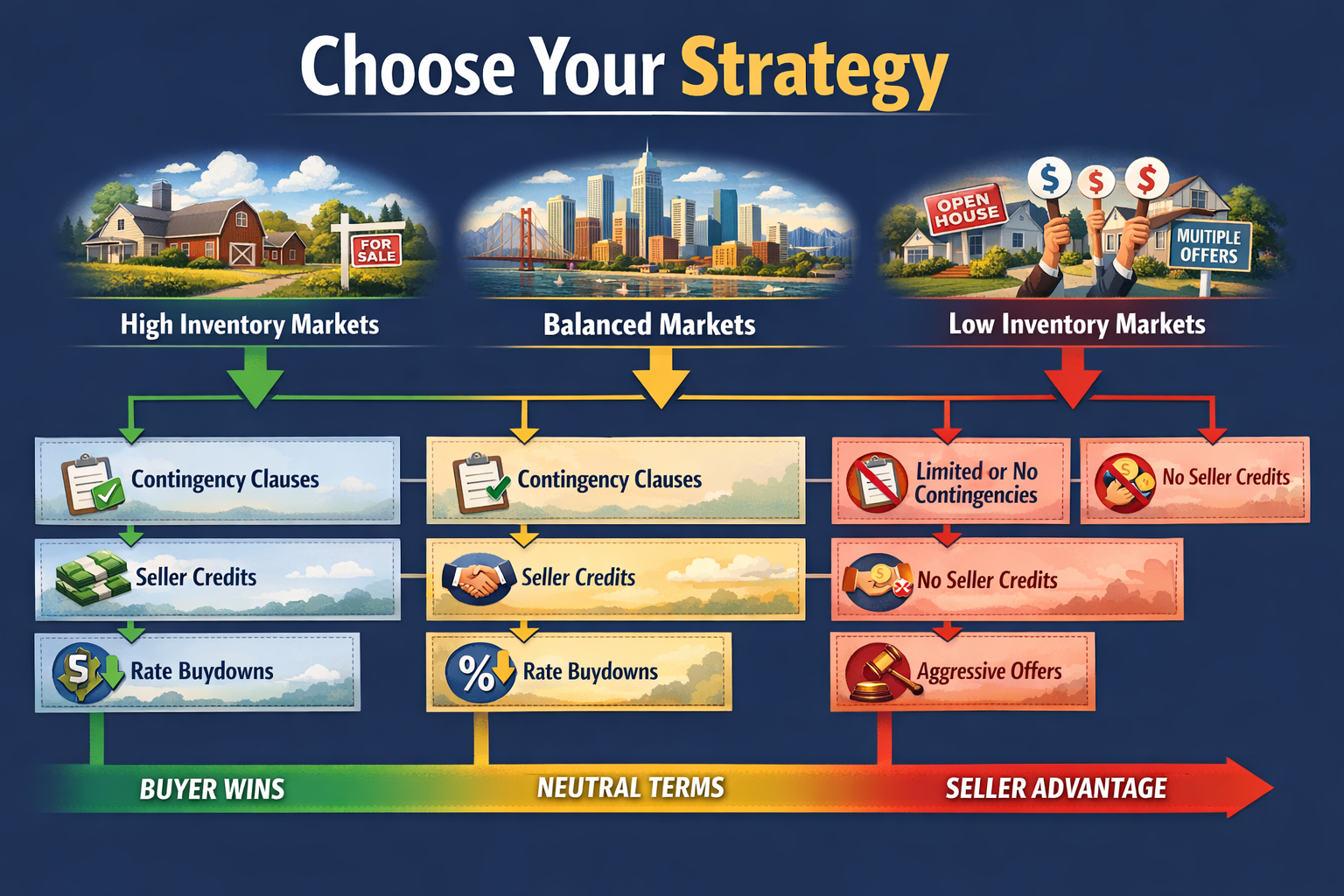 Landscape format (1536x1024) strategic negotiation decision tree infographic with three main branches labeled 'High Inventory Markets' (Midw