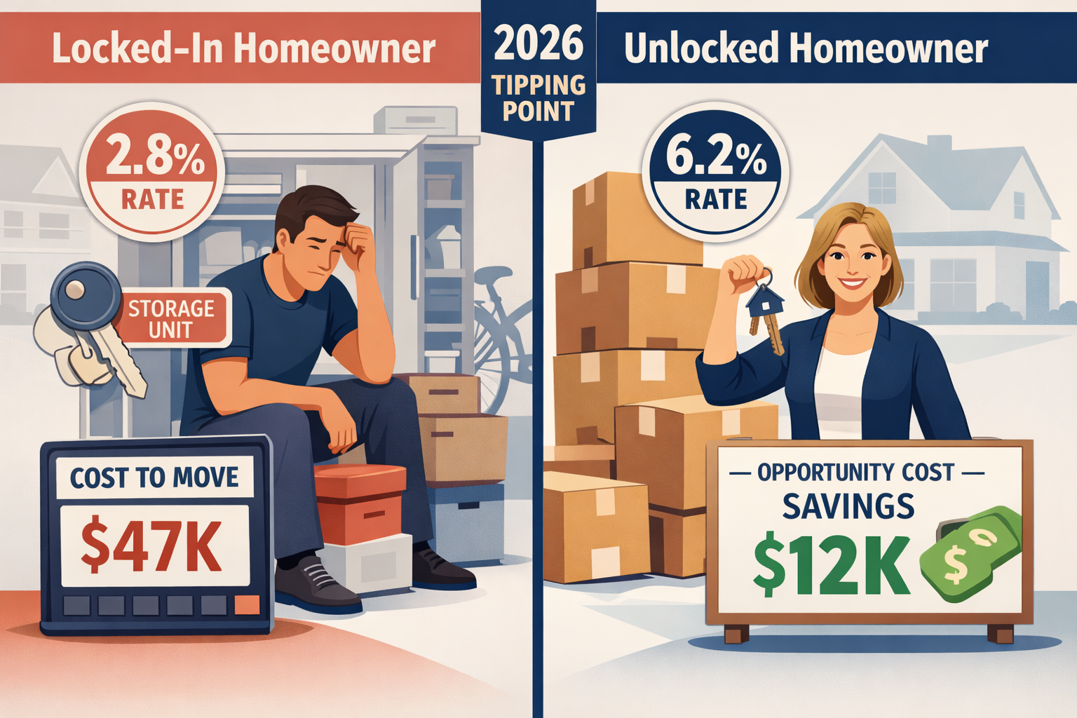Landscape format (1536x1024) comparative scenario illustration showing two homeowners side-by-side: left shows 'Locked-In Homeowner' with 2.