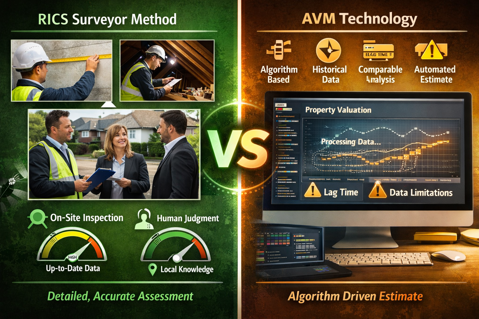 () comparative visualization contrasting RICS surveyor methodology versus AVM technology: left panel shows professional RICS